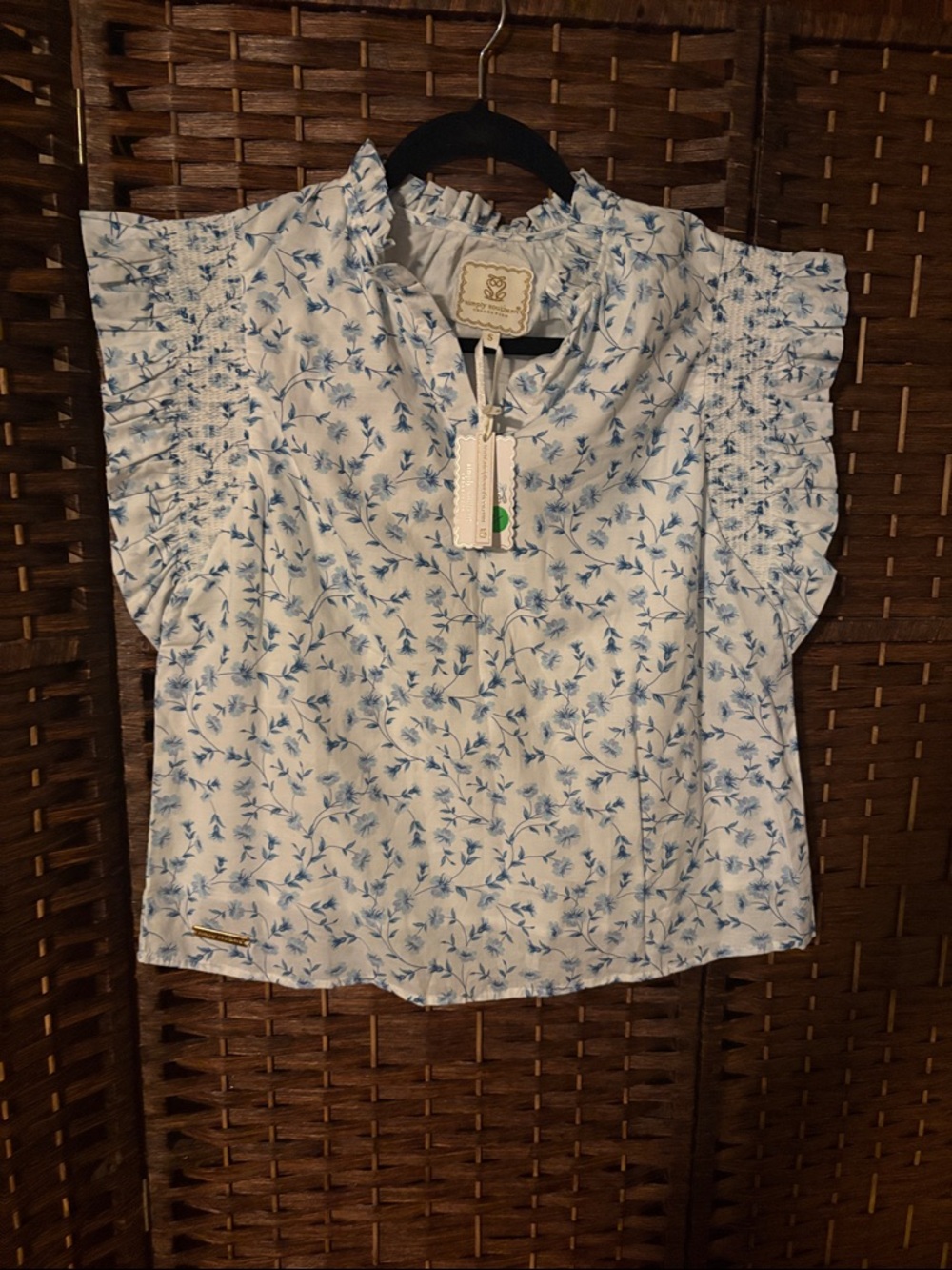 Simply Southern White Blouse with Blue Floral Print and Ruffle Sleeves